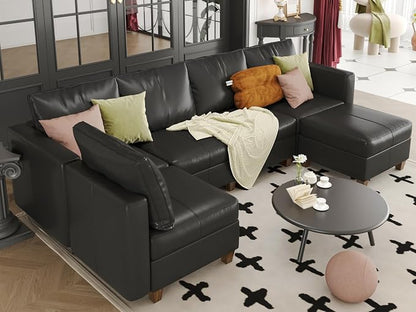 EASE MOOSE Faux Leather Modular Sleeper Couch Sectional Sofa Bed with Storage,Convertible Faux Leather Sectional Sofa,Black