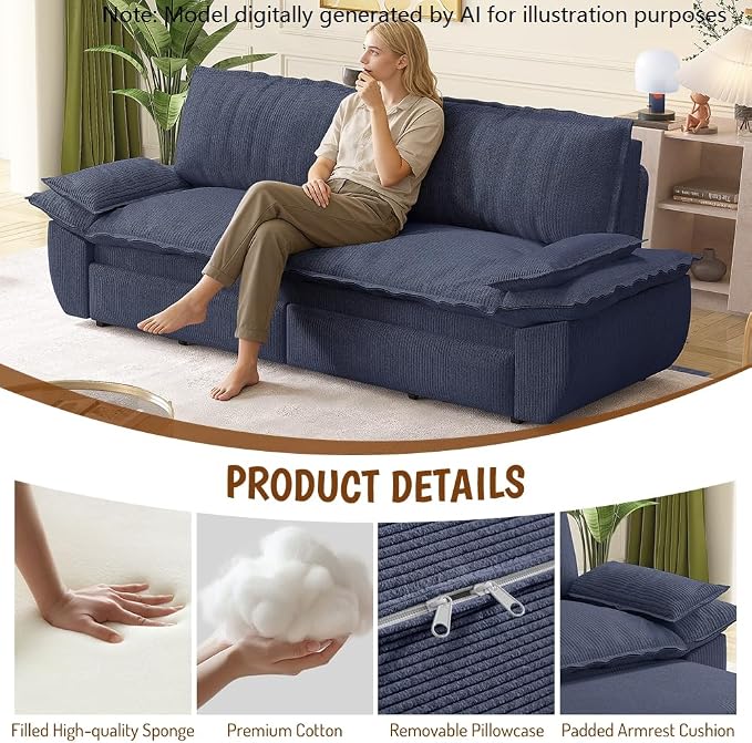73.2" Sleeper Sofa Bed Queen Size, 3-in-1 Convertible Couch, Modern Pull Out Couches, Comfy Corduroy Futon Sofa, Cloud Loveseat Lounge, Pillow Arm, for Living Room, Apartment, Dark Blue
