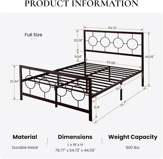 SHA CERLIN Full Size Metal Bed Frame with Vintage Circular Design Headboard and Footboard,No Box Spring Required,Easy Assembly,Noise-Free,Brown
