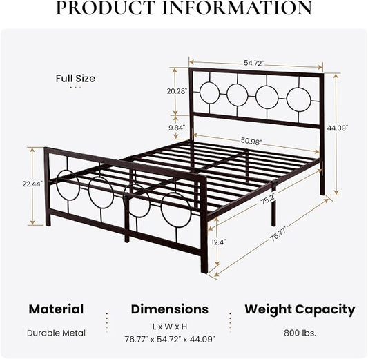 SHA CERLIN Full Size Metal Bed Frame with Vintage Circular Design Headboard and Footboard,No Box Spring Required,Easy Assembly,Noise-Free,Brown