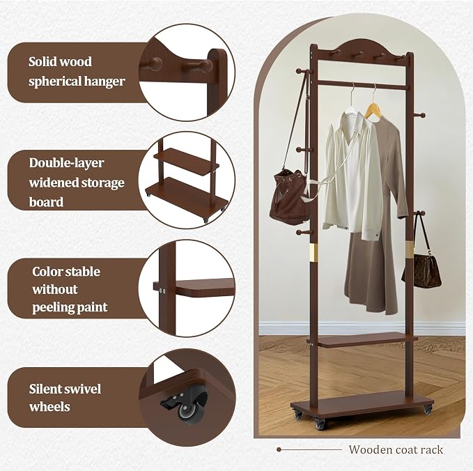 Solid Wood Clothing Rack with Wheels 2 Shelves Storage & 9 Hooks Heavy Duty Coat Rack Freestanding Clothes Rack Coat Tree Stand Hat Hanger Rack for Living Room Corner,835 Walnut