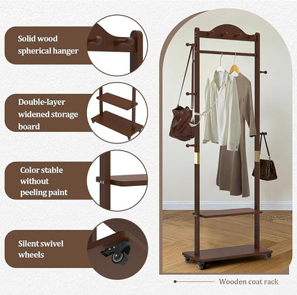 Solid Wood Clothing Rack with Wheels 2 Shelves Storage & 9 Hooks Heavy Duty Coat Rack Freestanding Clothes Rack Coat Tree Stand Hat Hanger Rack for Living Room Corner,835 Walnut