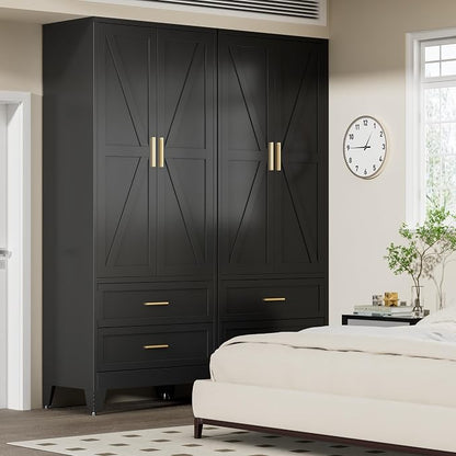 COFaR Metal Wardrobe Cabinet, 71 Farmhouse Armoire Wardrobe Closet with Rods, 2 Barn Doors, Adjustable Shelves, Steel with 2 Drawer Bedroom armoires, Black