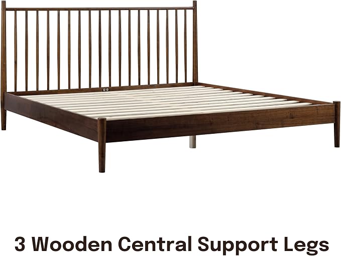NTC Inno Wooden Bed Frame with Headboard, Solid Oak and Rubber Wood Foundation with Silent Slats and Wood Central Supports, 1000 Lb Capacity, Effortless Assembly, King - Dark Walnut