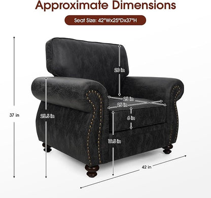 Couchus Vintage Accent Chair with Rivet Decoration, Traditional Upholstered Armchair, Living Room Chair, Rustic Single Sofa Chair for Bedroom, Reading Room & Office (Grey, Single)