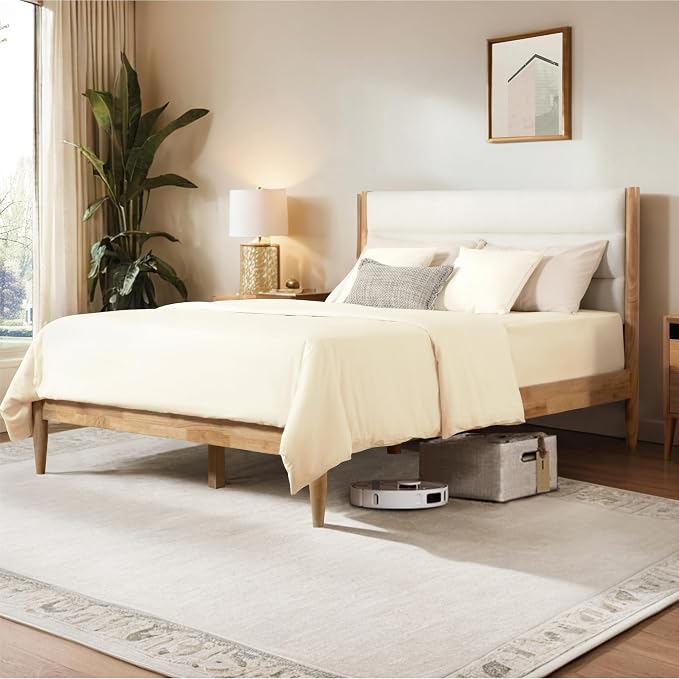 KISLOT Wood Bed Frame with Upholstered Headboard Wooden Platform with Silent Slat Support Mattress Foundation No Box Spring Needed, Easy Assembly