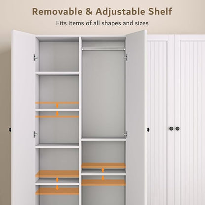 iPormis 4 Doors Armoire Wardrobe Closet with 2 Drawers, 63" Large Wardrobe Cabinet with Removable Hanging Rods and Adjustable Shelves, Closet Storage Cabinet for Bedroom, Cloak Room, White