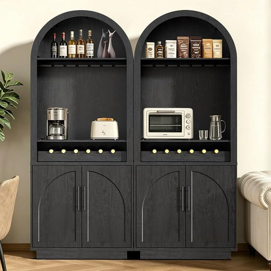 Fatmok 79" Arched Pantry Cabinet with LED Lights and Charging Station, 2-Piece Coffee Bar Cabinet with Wine Rack, Glass Holder and Adjustable Shelves for Kitchen Dining Room Living Room,Black Grey