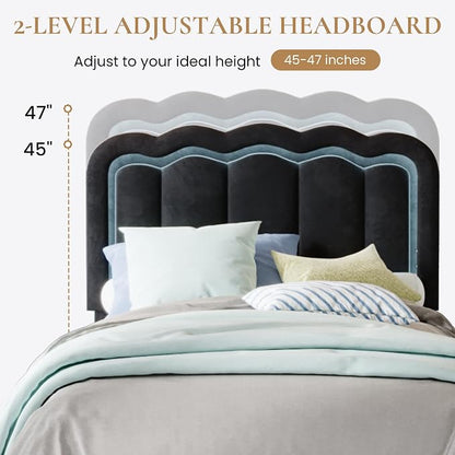 SHA CERLIN Upholstered Twin Size Bed Frame with LED Lights and Large Storage Drawer, Velvet Platform Bed with Adjustable Wavy Headboard, Noise Free, Easy Assembly, No Box Spring Needed, Soft Black