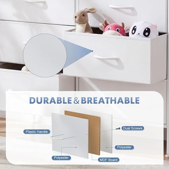 DUMOS White Bedroom Dresser for Closet, Fabric Dresser, Chest of 6 Drawers | Storage Organizer, Small Space TV Stand for Living Room, Anti-tip and Wooden Top, Home Furniture, Hallway