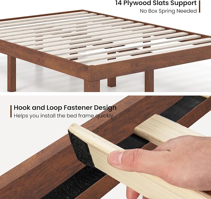 COSTWAY Wood Platform Bed Frame, 14 Inches Solid Rubber Wood Bed Mattress Foundation with Sturdy Slats Support, Easy Assembly Bed Frame for Home Hotel, No Box Spring Needed (Walnut, Full)