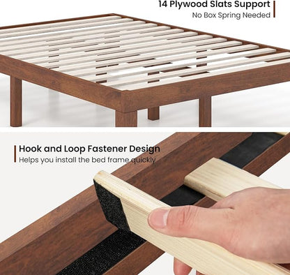 COSTWAY Wood Platform Bed Frame, 14 Inches Solid Rubber Wood Bed Mattress Foundation with Sturdy Slats Support, Easy Assembly Bed Frame for Home Hotel, No Box Spring Needed (Walnut, Full)