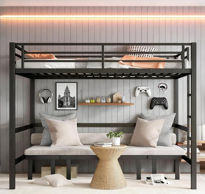 Bellemave Queen Over Queen Futon bunk Bed, Lower bunk can be Pulled Out in Three Sections, Loft Bed with Sofa for Teens, Adults, Bedroom, Black(Excluding Cushions and mattresses)