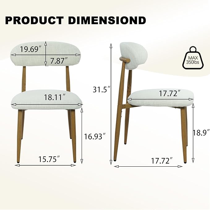 FREKEN Modern Upholstered Dining Chairs Set of 6, Mid-Century Metal Frame with Wood Grain, Linen Fabric Side Chair for Kitchen Dining Room, 350lbs Capacity, Beige