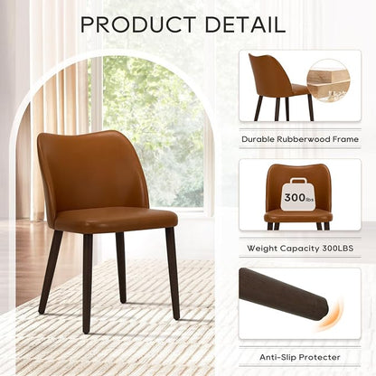COLAMY Dining Chairs Set of 6, Upholstered Leather Kitchen Chairs with Curved Back, Padded Seat and Solid Wood Legs, Modern Dining Chair for Kitchen Dining Room,Light Brown