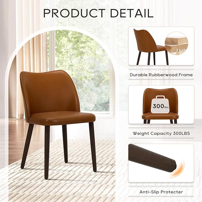 COLAMY Dining Chairs Set of 4, Upholstered Leather Kitchen Chairs with Curved Back, Padded Seat and Solid Wood Legs, Modern Dining Chair for Kitchen Dining Room,Light Brown