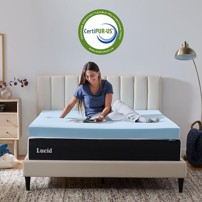 Lucid 4 Inch Memory Foam Mattress Topper, Twin XL Size – Cooling Gel Bed Topper – Preassure-Relieving Ultra Plush Feel – Ventilated Breathable Design – CertiPur Certified - Dorm Room Essentials