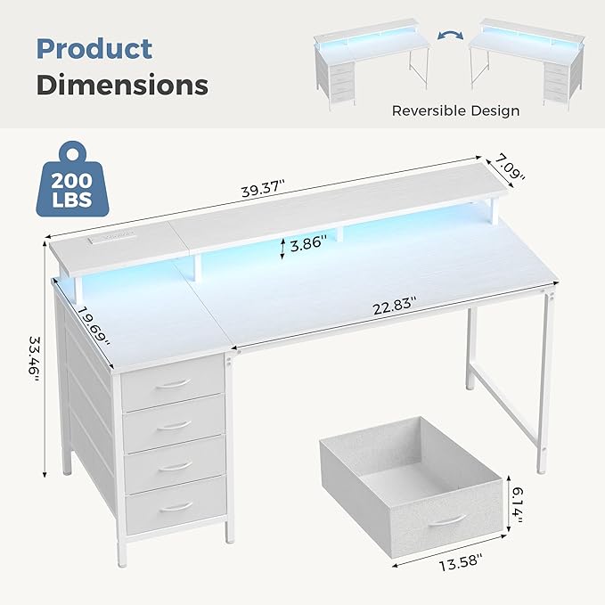 DUMOS 40 Inch Computer Desk with 4 Drawers, Gaming Desk with Power Outlets and LED Lights, Office Workstation for Small Spaces with Monitor Shelf, Writing Table for Home Office Bedroom Study White
