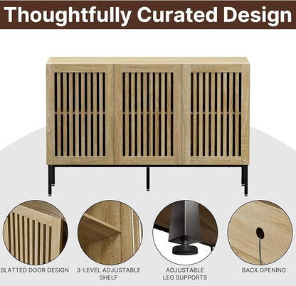 BVIUNTWO Buffet Cabinet with Storage,47" Farmhouse Console Table with Metal Base and Adjustable Shelves,Sideboard Coffee Bar Cabinet with 3 Doors for Kitchen,Dining Room,Living Room,Oak