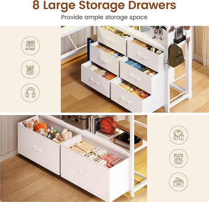 Itaar Twin Loft Bed with L-Shaped Desk & 8 Storage Drawers, Metal Kids Twin Loft Bed with Led Lights, Charging Station, Hall Tree, Safety Guard & Ladder, No Box Spring Needed, White