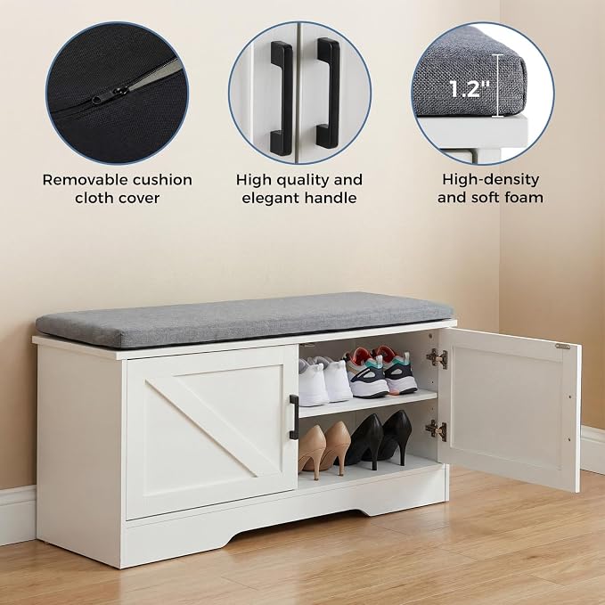 DUMOS Shoe Storage Bench, 39" Wide Shoe Organizer Cabinet with Padded Seat Cushion, 2 Doors, Adjustable Shelf for Entryway, Hallway, Bedroom, Living Room, White