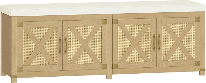 Hzuaneri Shoe Storage Bench, 2 Tier Shoe Bench with Padded Seat Cushion & 4 Barn Doors, 59" Entryway Bench with Adjustable Shelf, Farmhouse Shoe Cabinet for Living Room, Bedroom, Camel Yellow SB31502M