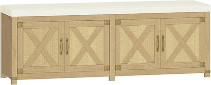 Hzuaneri Shoe Storage Bench, 2 Tier Shoe Bench with Padded Seat Cushion & 4 Barn Doors, 59" Entryway Bench with Adjustable Shelf, Farmhouse Shoe Cabinet for Living Room, Bedroom, Camel Yellow SB31502M