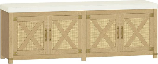 Hzuaneri Shoe Storage Bench, 2 Tier Shoe Bench with Padded Seat Cushion & 4 Barn Doors, 59" Entryway Bench with Adjustable Shelf, Farmhouse Shoe Cabinet for Living Room, Bedroom, Camel Yellow SB31502M