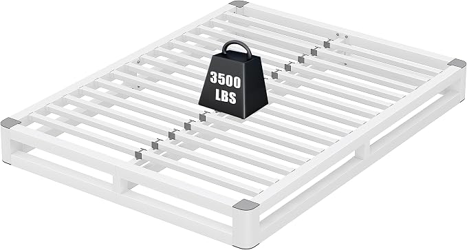6 Inch Full Size Bed Frame with Rounded Corner and Squeak Free U-Slot Design, Metal Platform Bed Frames 6 Non-Slip Guards, 3500lbs Heavy Duty Steel Slat Support, No Box Spring Needed, White
