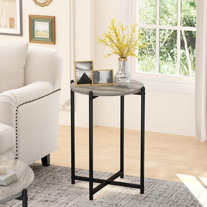 AWQM Faux Marble Coffee Table Set of 3, 1 Coffee Table & 2 Sofa Table, Round Tabletop and Metal Cross Base Frame,Perfect for Living Room Apartment, Grey