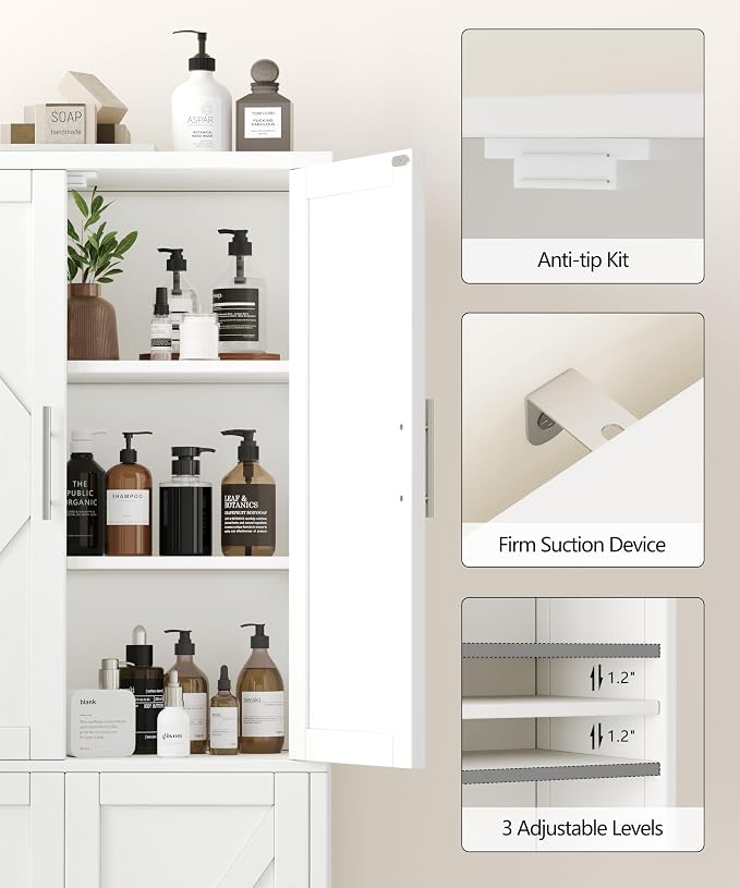 Akxomel Tall Bathroom Storage Cabinet, 11 x 22.8 x 63 Inches, Floor Cabinet with Barn Doors, Adjustable Shelf, Linen Pantry Cabinet for Kitchen, Laundry Room, Living Room, Entryway, White