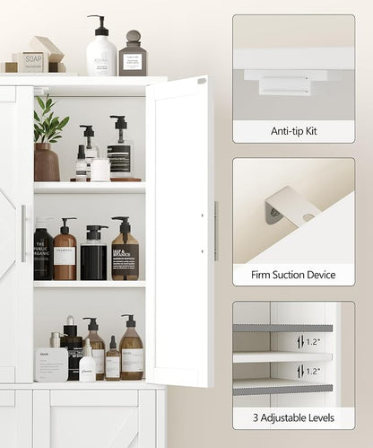 Akxomel Tall Bathroom Storage Cabinet, 11 x 22.8 x 63 Inches, Floor Cabinet with Barn Doors, Adjustable Shelf, Linen Pantry Cabinet for Kitchen, Laundry Room, Living Room, Entryway, White