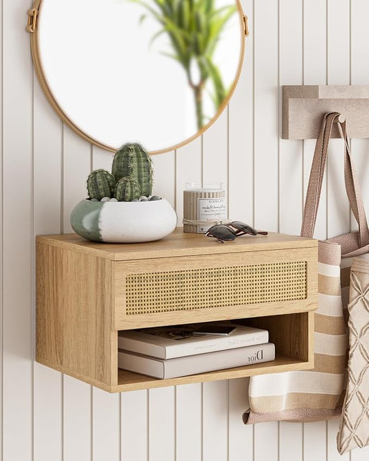 Floating Nightstand, Small Modern Floating Nightstand with Drawer, Floating Shelves for Bedroom, Bathroom (Oak Rattan)