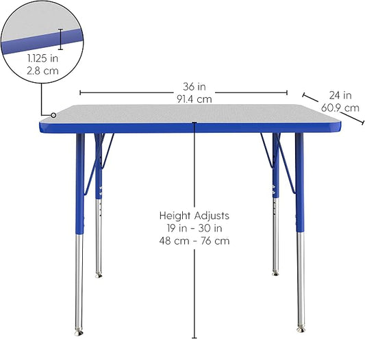 FDP Rectangle Activity School and Office Table (24 x 36 inch), Standard Legs with Swivel Glides, Adjustable Height 19-30 inches Quick Ship Single Box - Gray Top and Blue Edge