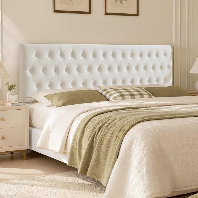 Tufted Upholstered King Size Bed Headboard in Modern Button Design, Adjustable Solid Wood Head Board, Premium Velvet Fabric Padded Headboards in Bedroom (White)