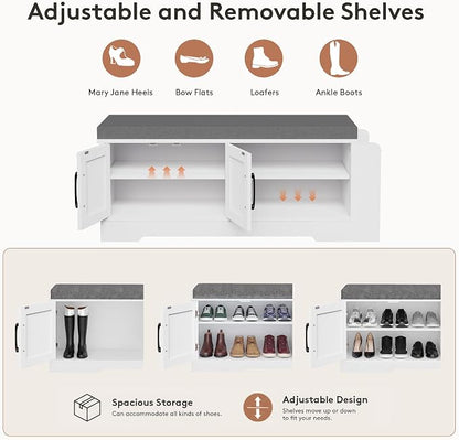 GRUSIGN 39.6" Shoe Storage Bench with Cushion, Entryway Shoe Cabinet, White | 3-in-1 Shoe Storage Bench, Adjustable Shelves, Removable Cushion, 300 lbs Capacity, Entryway, Apartment, Families