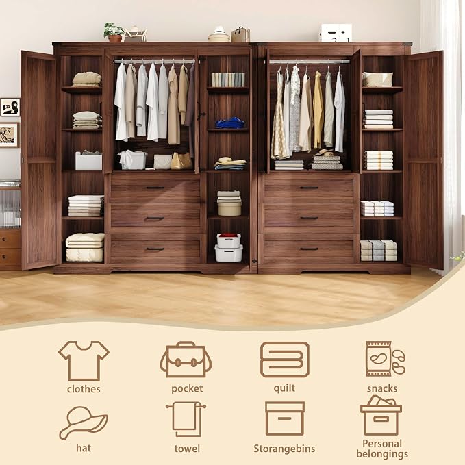 70" Tall Wardrobe Closet with 7 Doors & 6 Drawers, Farmhouse Armoire with Hanging Rod, Wooden Armoire Wardrobe Closet for Bedroom, Freestanding Clothing Storage Cabinet, Brown