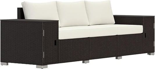 Outsunny 3 Seater Wicker Sofa with 2 Storage Side Tables and Thickened Cushions, Rattan Outdoor Patio Sofa with Wide Armrests, Wicker Outdoor Couch for Porch, Garden, Backyard, Cream White/Brown