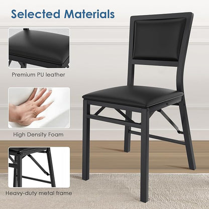 VECELO Folding Dining Chairs Set of 2, Metal Padded Foldable Seating with Comfortable Faux Leather, Space-Saving Portable Guest Seats for Kitchen & Office, No Assembly, Black