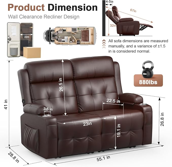 Power Loveseat Recliner with 2-Point Graphene Heat & Massage, Under-Seat Multi‑Color Adjustable LED Light Strips, Foldable Armrest, USB A/C, Wall Hugger Recliner Couch for RV Home Theater