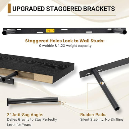Vivelove Black Floating Shelves for Wall 48 Inches Wide, 12" Deep Wall Shelves for Bedroom, Bathroom, Living Room, Kitchen, Office, Home Decor Shelf with Invisible Brackets, 48X12X1.5 Set of 2
