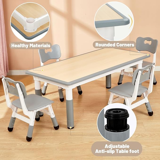 FUNLIO 23.6in*47.2in Adjustable Kids Table, 3-Level Height for Ages 3-8, Easy to Wipe Arts & Crafts Toddler Table for Classrooms/Daycares/Homes, CPC & CE Approved - Grey