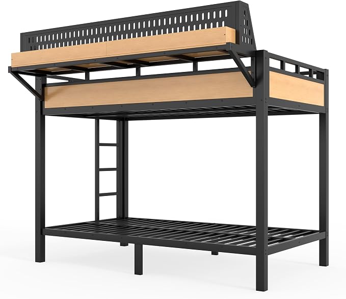Bellemave Bunk Bed Twin XL Over Twin XL，Metal Bunk beds with Storage Shelves USB Ports and LED Lights, Natural