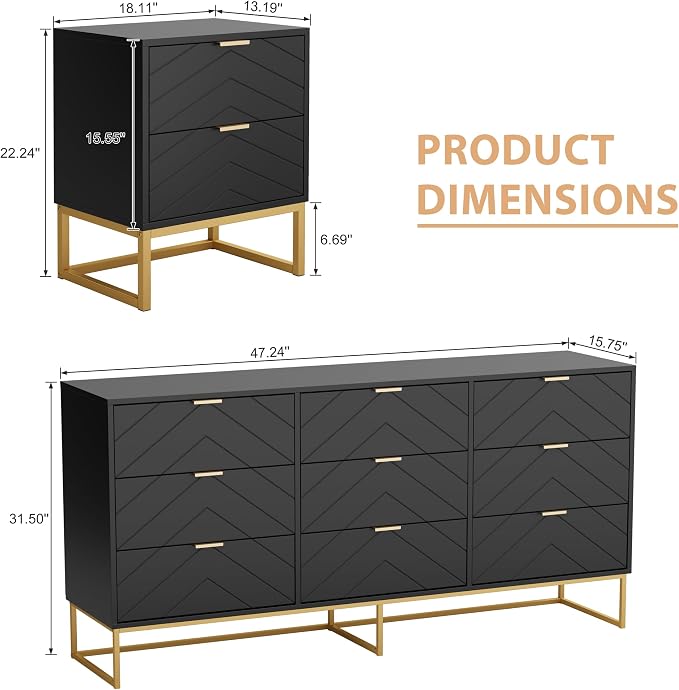 Anbuy Morden 9 Drawer Dresser and Nightstand Sets for Bedroom, 3 Pieces Bedroom Sets Night Stand Set of 2 & 9 Drawer Dresser with Gold Handles, Wood Chest of Drawers Storage Cabinet Set, Green Black