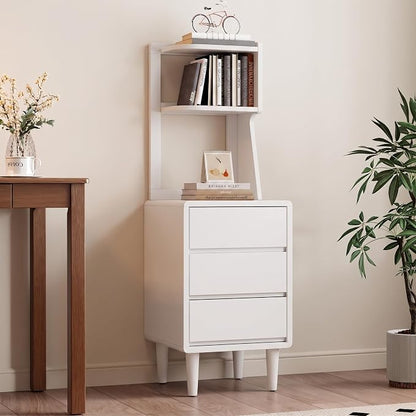 Solid Wood Bookshelf with Drawers,Narrow bookcase with Storage Shelves,Tall Nightstand with Drawers,Mid Century Modern Nightstand,Open Shelf Bookcase,Small Book Shelf for Bedroom,Living Room,Offices