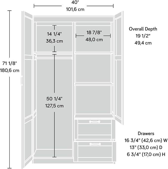 Sauder Select Multipurpose Bedroom Armoire Wardrobe Closet Pantry Storage Cabinet with Storage Drawers and Hanging Rail, in Soft White finish