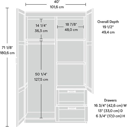 Sauder Select Multipurpose Bedroom Armoire Wardrobe Closet Pantry Storage Cabinet with Storage Drawers and Hanging Rail, in Soft White finish