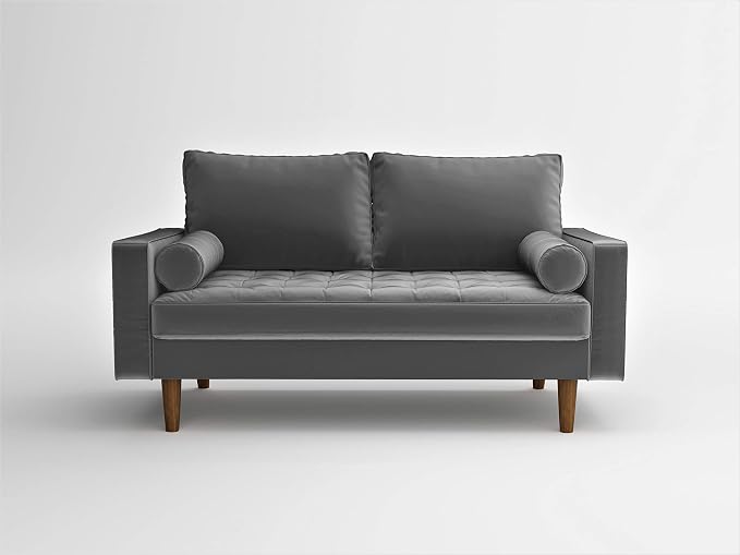 Container Furniture Direct Womble 58 Inch Velvet Loveseat Sofa with Elegant Button Tufted Upholstery, Square Arms, Splayed Wood Legs, Includes Matching Bolster Pillows, Silverish Grey