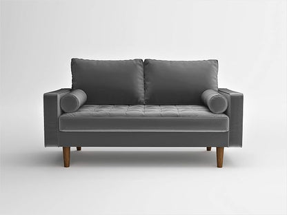 Container Furniture Direct Womble 58 Inch Velvet Loveseat Sofa with Elegant Button Tufted Upholstery, Square Arms, Splayed Wood Legs, Includes Matching Bolster Pillows, Silverish Grey