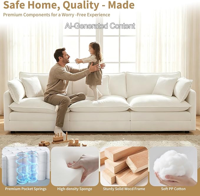 GNIXUU 111.5" Modern Cloud Sofa Couch, Upholstered Chenille 3 Seat Sofa Couch with Pillows & Armrest for Living Room, Bedroom, Deep Seat Sofa(Beige White)